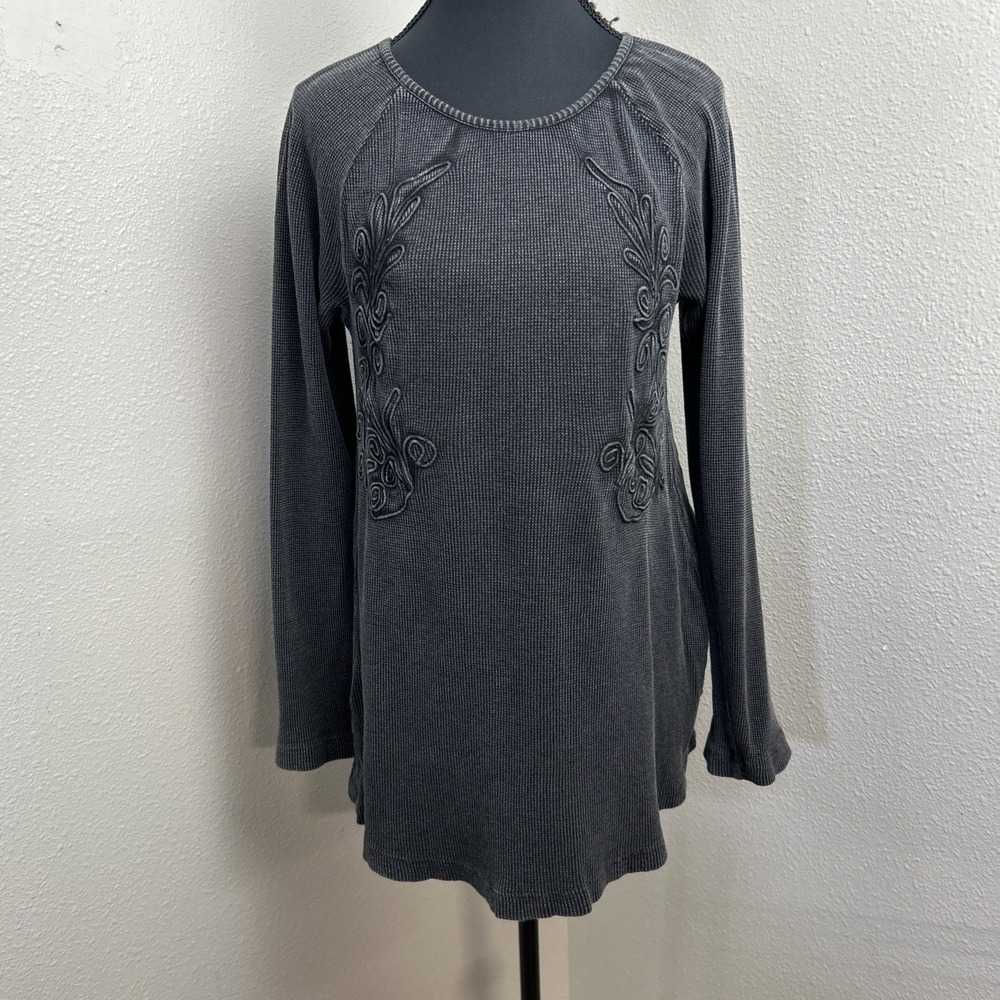 Soft Surroundings Top Women's Medium Faded Black Embroidered Boho Artsy Grunge